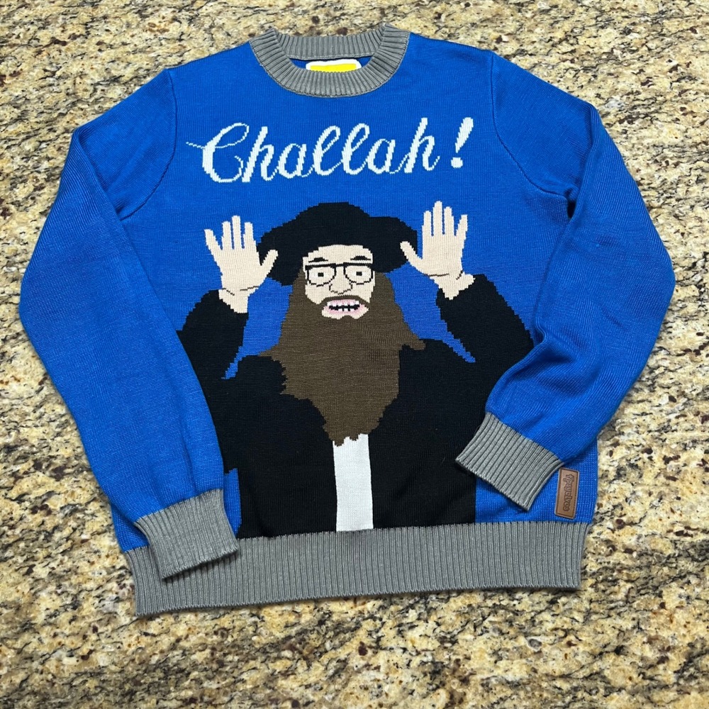 Tipsy Elves Mens Challah Hanukkah Ugly Holiday Sweater Blue Size Medium Humor